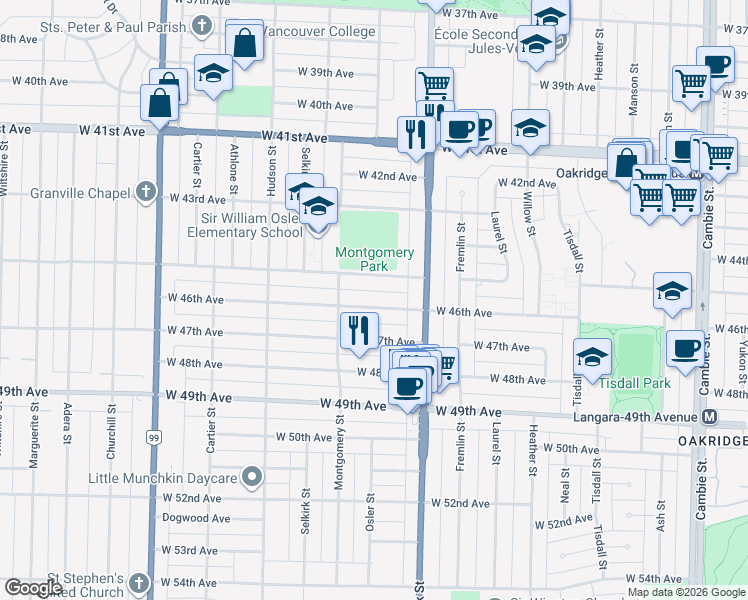 map of restaurants, bars, coffee shops, grocery stores, and more near 1079 West 46th Avenue in Vancouver