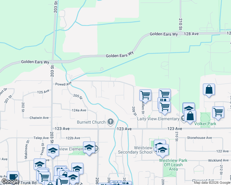 map of restaurants, bars, coffee shops, grocery stores, and more near 12529 Knotts Street in Maple Ridge