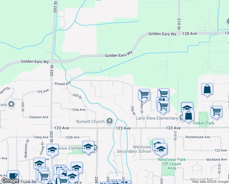 map of restaurants, bars, coffee shops, grocery stores, and more near 20685 125 Avenue in Maple Ridge