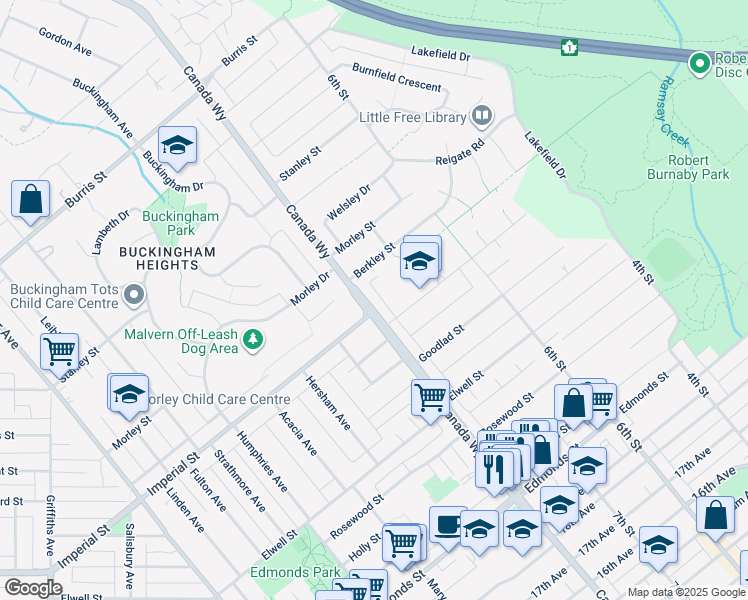 map of restaurants, bars, coffee shops, grocery stores, and more near 6632 Canada Way in Burnaby