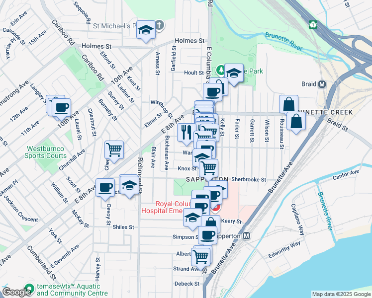 map of restaurants, bars, coffee shops, grocery stores, and more near in New Westminster