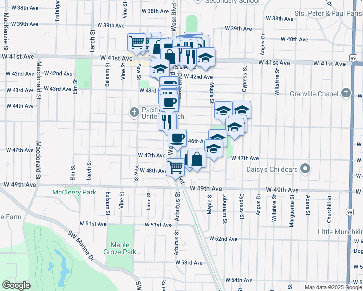map of restaurants, bars, coffee shops, grocery stores, and more near in Vancouver