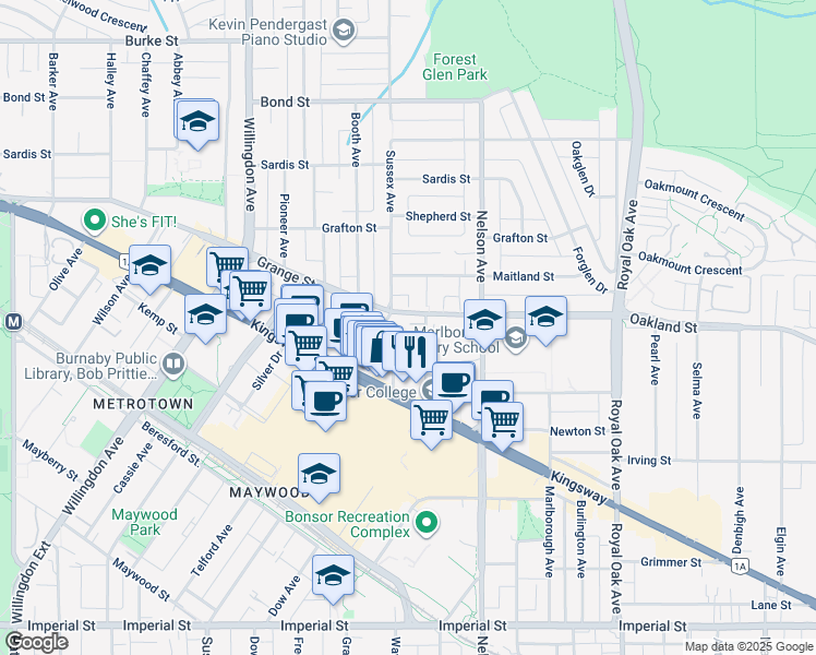 map of restaurants, bars, coffee shops, grocery stores, and more near 4758 Grange Street in Burnaby