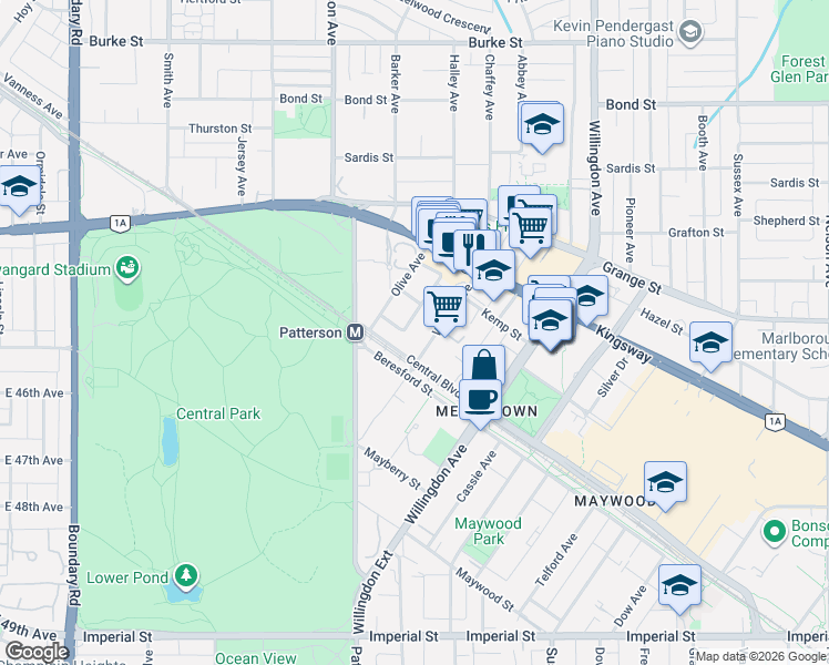 map of restaurants, bars, coffee shops, grocery stores, and more near 6087 Wilson Avenue in Burnaby