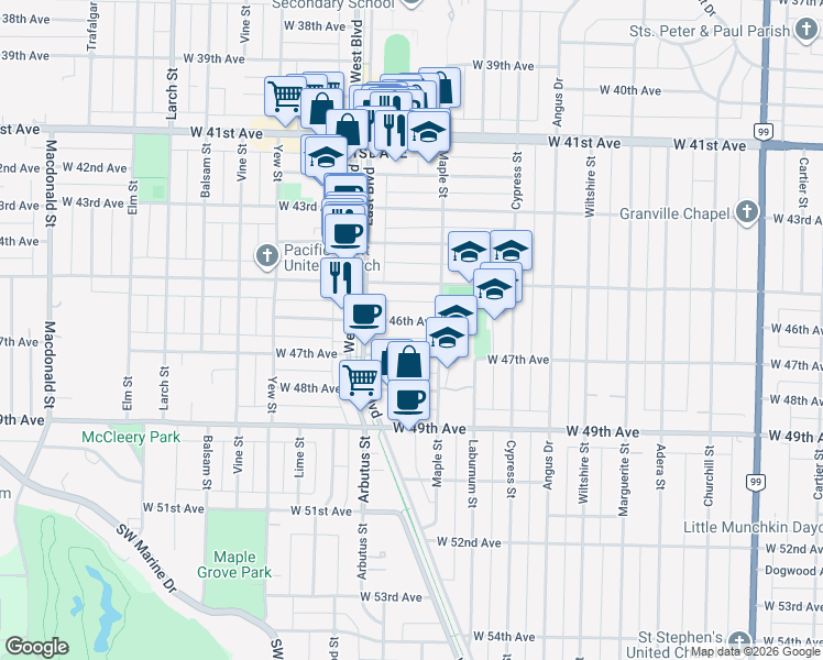 map of restaurants, bars, coffee shops, grocery stores, and more near 2038 West 46th Avenue in Vancouver