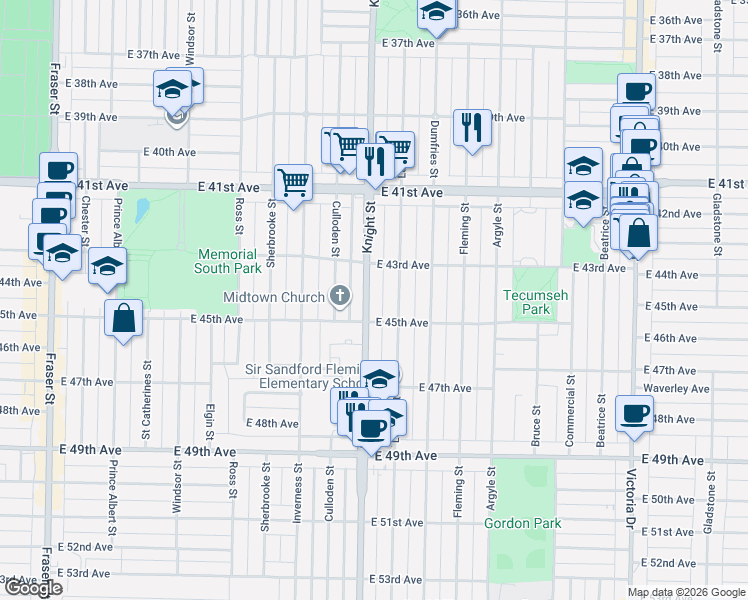 map of restaurants, bars, coffee shops, grocery stores, and more near 6036 Knight Street in Vancouver