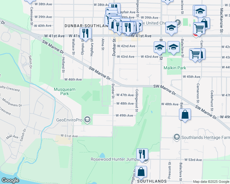 map of restaurants, bars, coffee shops, grocery stores, and more near 6276 Dunbar Street in Vancouver