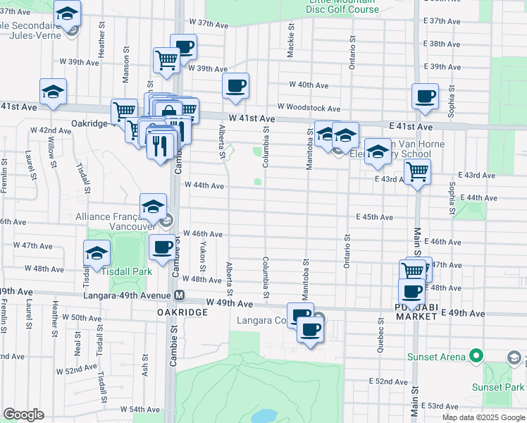 map of restaurants, bars, coffee shops, grocery stores, and more near 202 West 45th Avenue in Vancouver