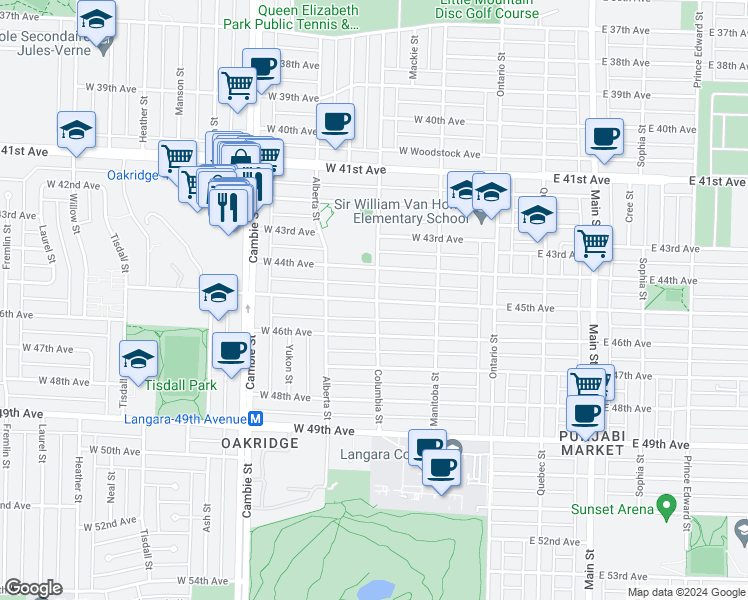 map of restaurants, bars, coffee shops, grocery stores, and more near 203 West 45th Avenue in Vancouver