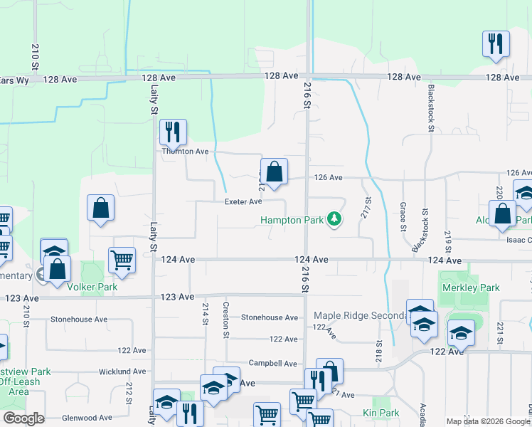 map of restaurants, bars, coffee shops, grocery stores, and more near 21513 Spring Avenue in Maple Ridge