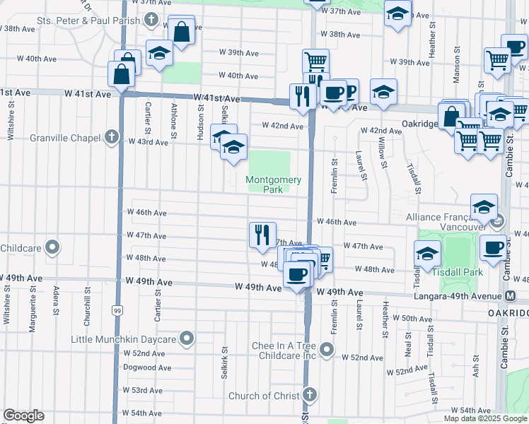 map of restaurants, bars, coffee shops, grocery stores, and more near 1107 West 46th Avenue in Vancouver