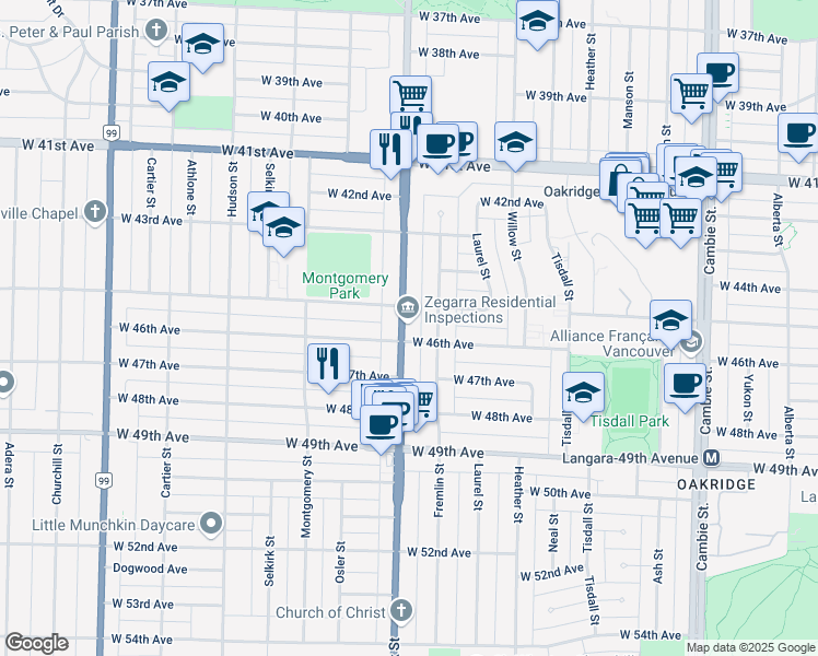 map of restaurants, bars, coffee shops, grocery stores, and more near 6168 Oak Street in Vancouver