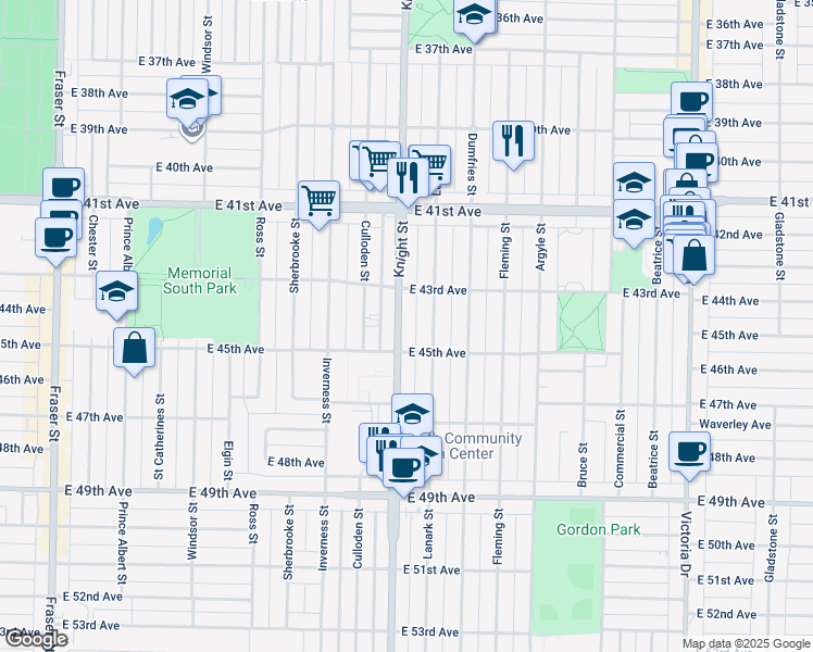 map of restaurants, bars, coffee shops, grocery stores, and more near 6036 Knight Street in Vancouver