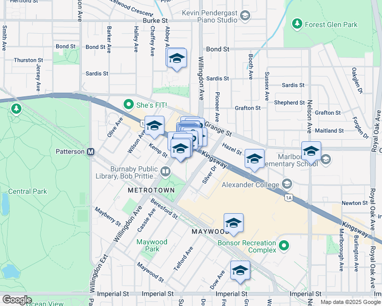 map of restaurants, bars, coffee shops, grocery stores, and more near 1696-4500 Kingsway in Burnaby