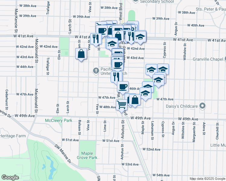 map of restaurants, bars, coffee shops, grocery stores, and more near 2116 West 46th Avenue in Vancouver