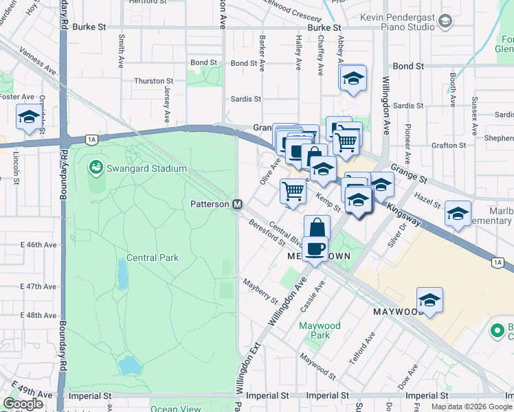 map of restaurants, bars, coffee shops, grocery stores, and more near 4155 Central Boulevard in Burnaby