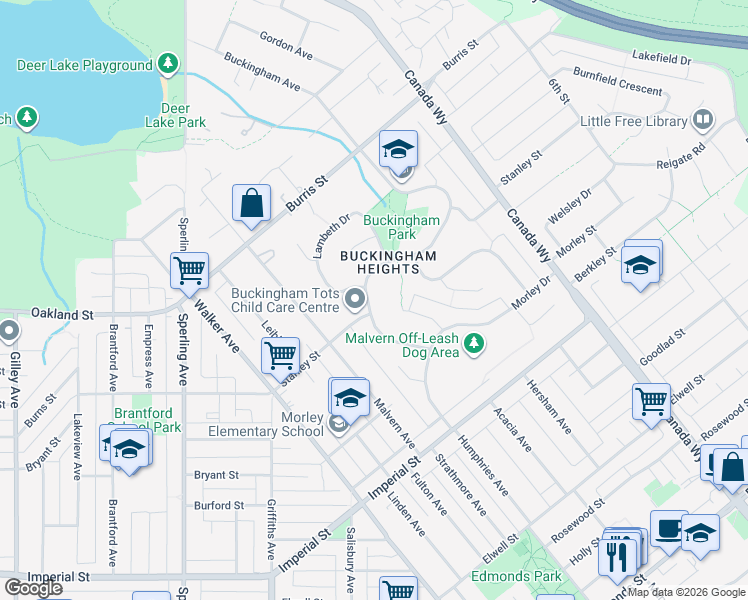 map of restaurants, bars, coffee shops, grocery stores, and more near 6368 Buckingham Drive in Burnaby
