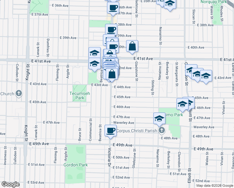 map of restaurants, bars, coffee shops, grocery stores, and more near 2019 East 45th Avenue in Vancouver
