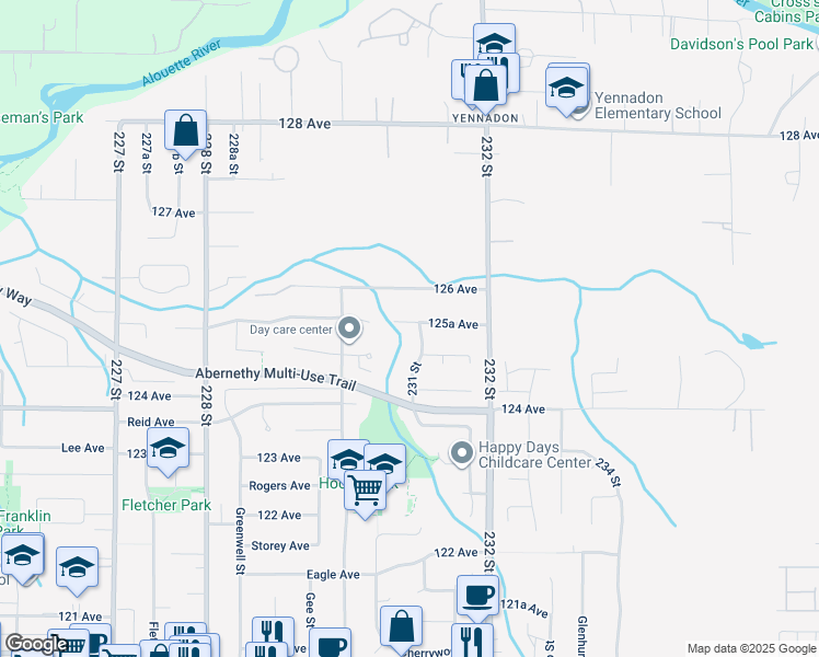 map of restaurants, bars, coffee shops, grocery stores, and more near 12595 231 Street in Maple Ridge