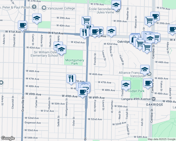 map of restaurants, bars, coffee shops, grocery stores, and more near 6180 Oak Street in Vancouver