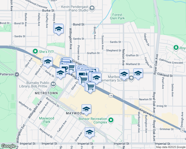 map of restaurants, bars, coffee shops, grocery stores, and more near 4689 Hazel Street in Burnaby