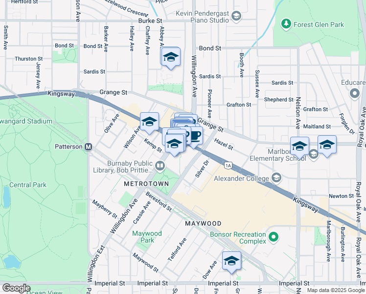 map of restaurants, bars, coffee shops, grocery stores, and more near 1696-4500 Kingsway in Burnaby