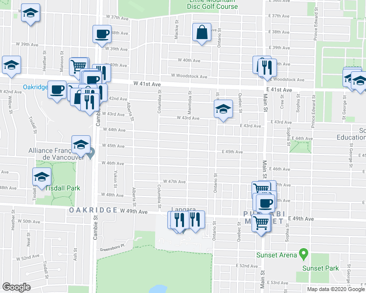 map of restaurants, bars, coffee shops, grocery stores, and more near 115 West 45th Avenue in Vancouver