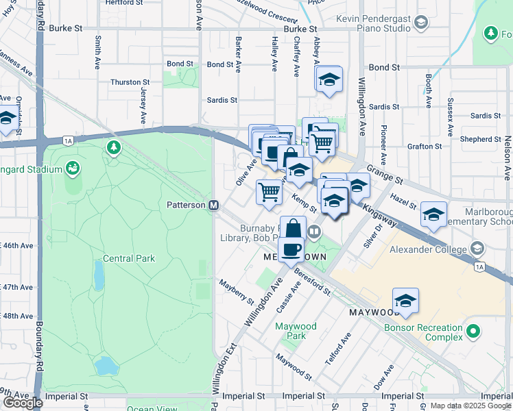 map of restaurants, bars, coffee shops, grocery stores, and more near 6035 Wilson Avenue in Burnaby