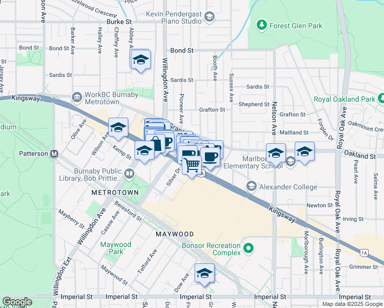map of restaurants, bars, coffee shops, grocery stores, and more near 4608 Hazel Street in Burnaby