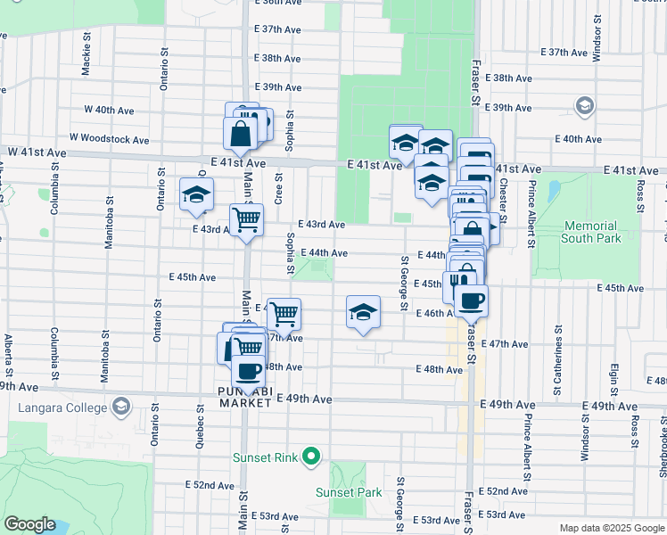 map of restaurants, bars, coffee shops, grocery stores, and more near 6030 Prince Edward Street in Vancouver