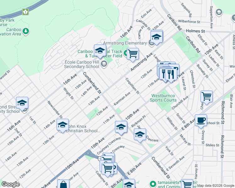 map of restaurants, bars, coffee shops, grocery stores, and more near 7785 Taylor Place in Burnaby