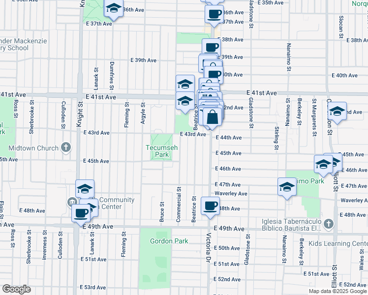 map of restaurants, bars, coffee shops, grocery stores, and more near 5992 Commercial Street in Vancouver
