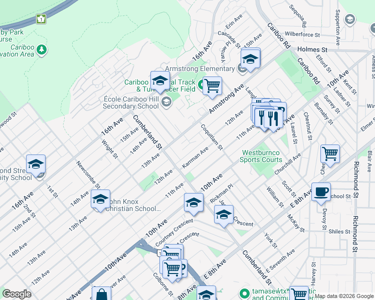 map of restaurants, bars, coffee shops, grocery stores, and more near 7785 Taylor Place in Burnaby