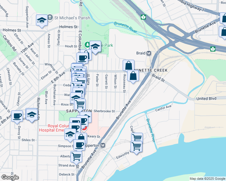 map of restaurants, bars, coffee shops, grocery stores, and more near 441 Wilson Street in New Westminster
