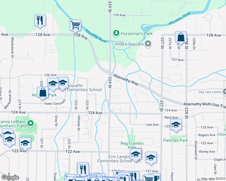 map of restaurants, bars, coffee shops, grocery stores, and more near 22404 Morse Crescent in Maple Ridge