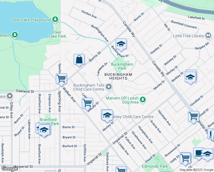 map of restaurants, bars, coffee shops, grocery stores, and more near 7415 Lambeth Drive in Burnaby