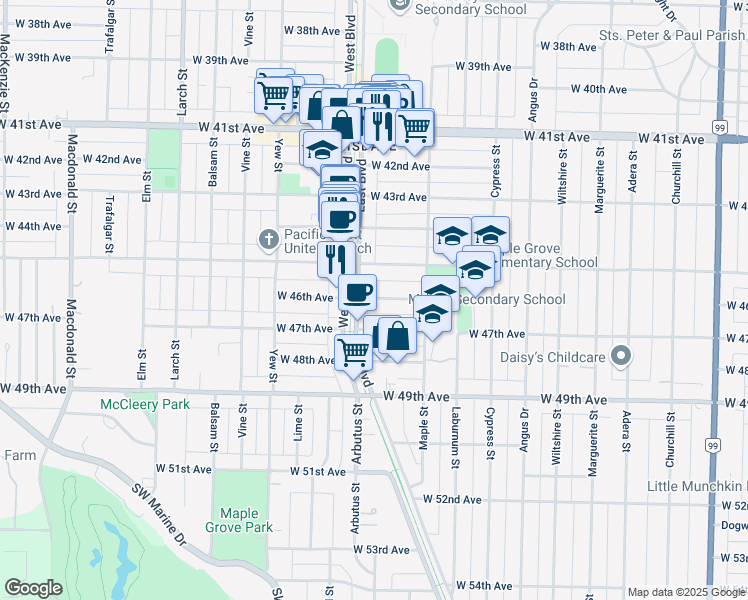 map of restaurants, bars, coffee shops, grocery stores, and more near 2096 West 46th Avenue in Vancouver