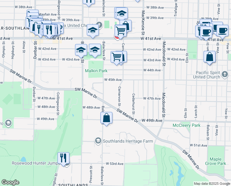 map of restaurants, bars, coffee shops, grocery stores, and more near 6237 Carnarvon Street in Vancouver