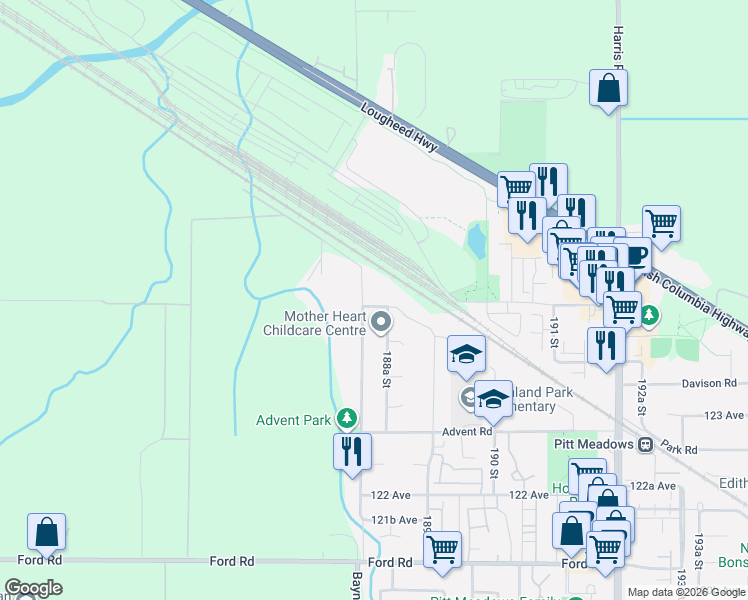 map of restaurants, bars, coffee shops, grocery stores, and more near 18833 124A Avenue in Pitt Meadows