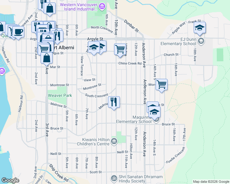 map of restaurants, bars, coffee shops, grocery stores, and more near 2798 10th Avenue in Port Alberni