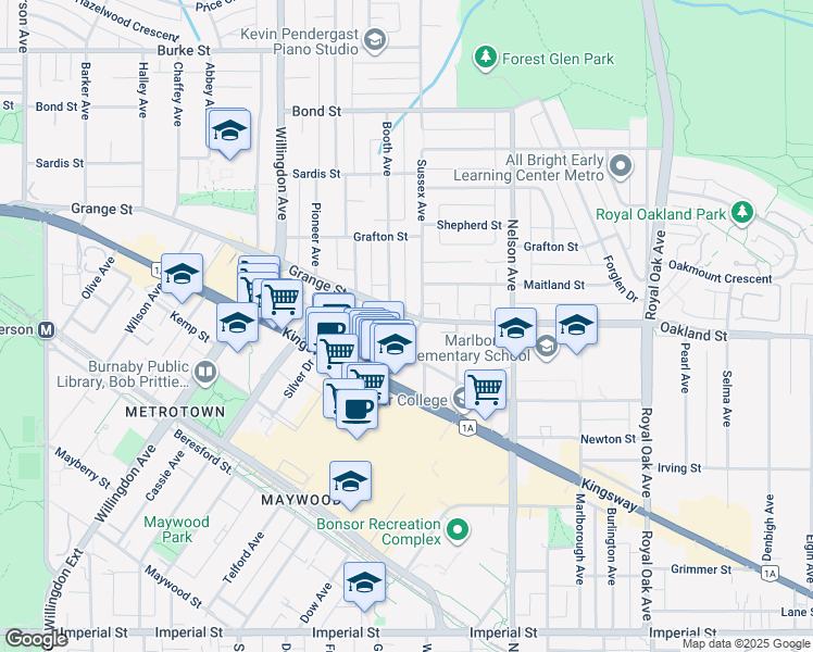map of restaurants, bars, coffee shops, grocery stores, and more near 6025 Sussex Avenue in Burnaby