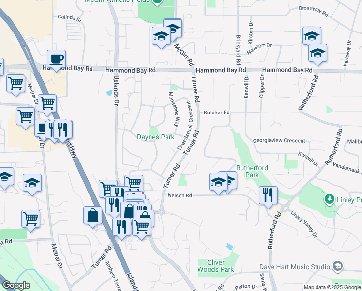 map of restaurants, bars, coffee shops, grocery stores, and more near Tweedsmuir Crescent in Nanaimo