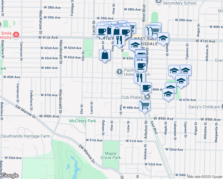 map of restaurants, bars, coffee shops, grocery stores, and more near 6226 Vine Street in Vancouver