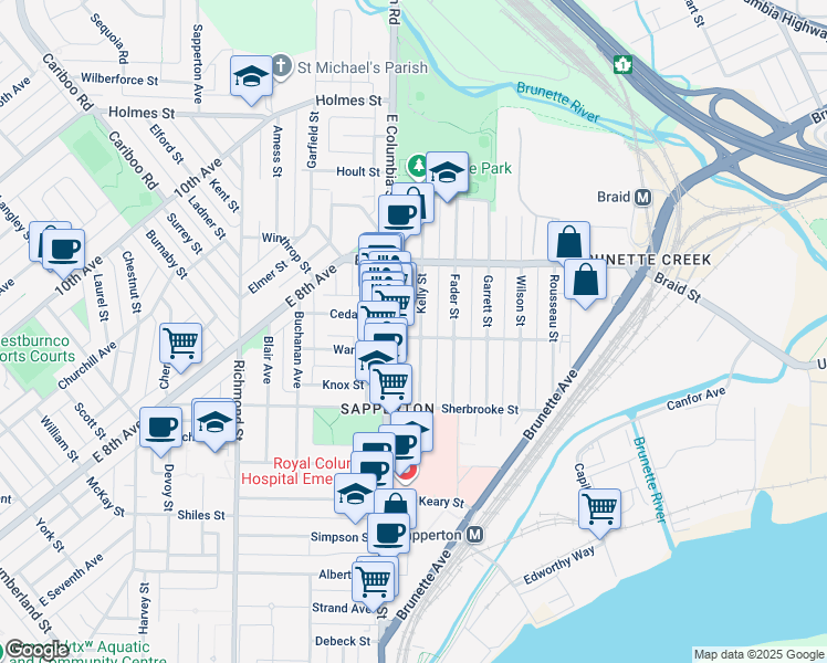 map of restaurants, bars, coffee shops, grocery stores, and more near 441 Kelly Street in New Westminster