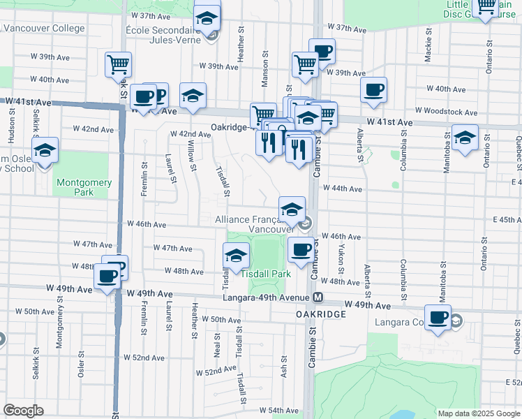 map of restaurants, bars, coffee shops, grocery stores, and more near 115 West 45th Avenue in Vancouver