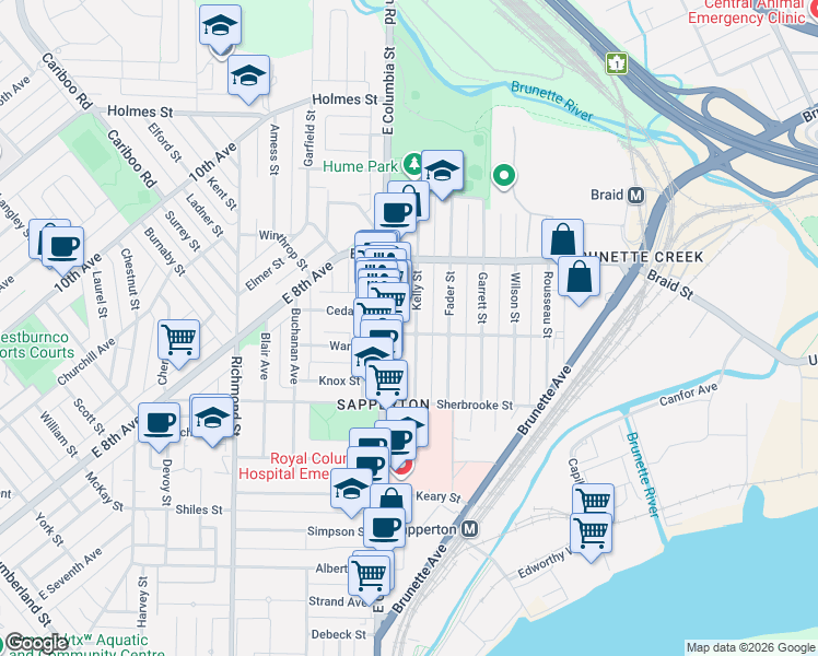 map of restaurants, bars, coffee shops, grocery stores, and more near 441 Kelly Street in New Westminster