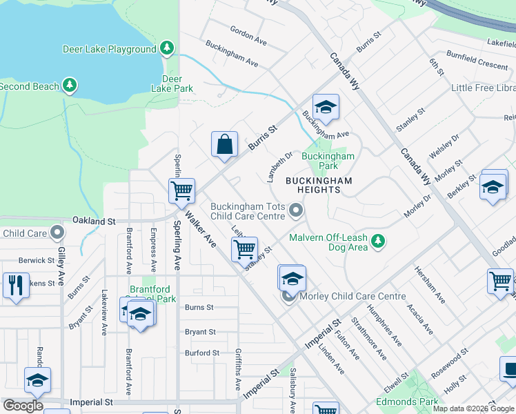 map of restaurants, bars, coffee shops, grocery stores, and more near 6128 Malvern Avenue in Burnaby