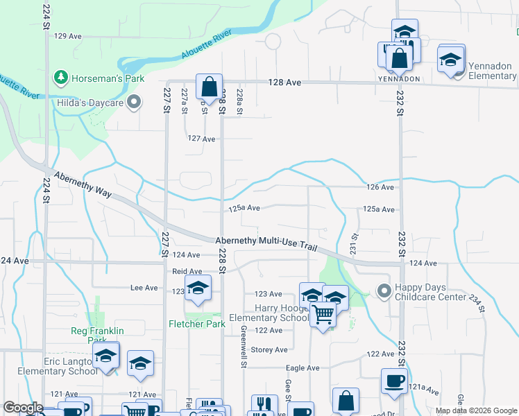 map of restaurants, bars, coffee shops, grocery stores, and more near 125A Avenue in Maple Ridge