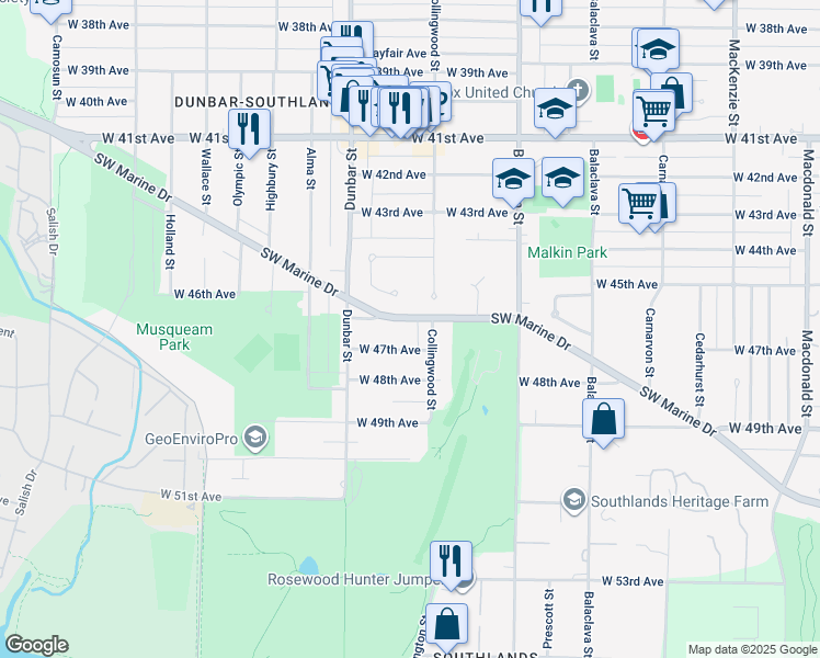 map of restaurants, bars, coffee shops, grocery stores, and more near 3522 Southwest Marine Drive in Vancouver
