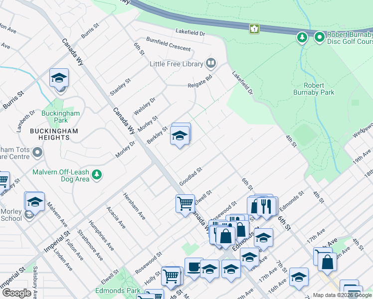 map of restaurants, bars, coffee shops, grocery stores, and more near Mayfield Street in Burnaby